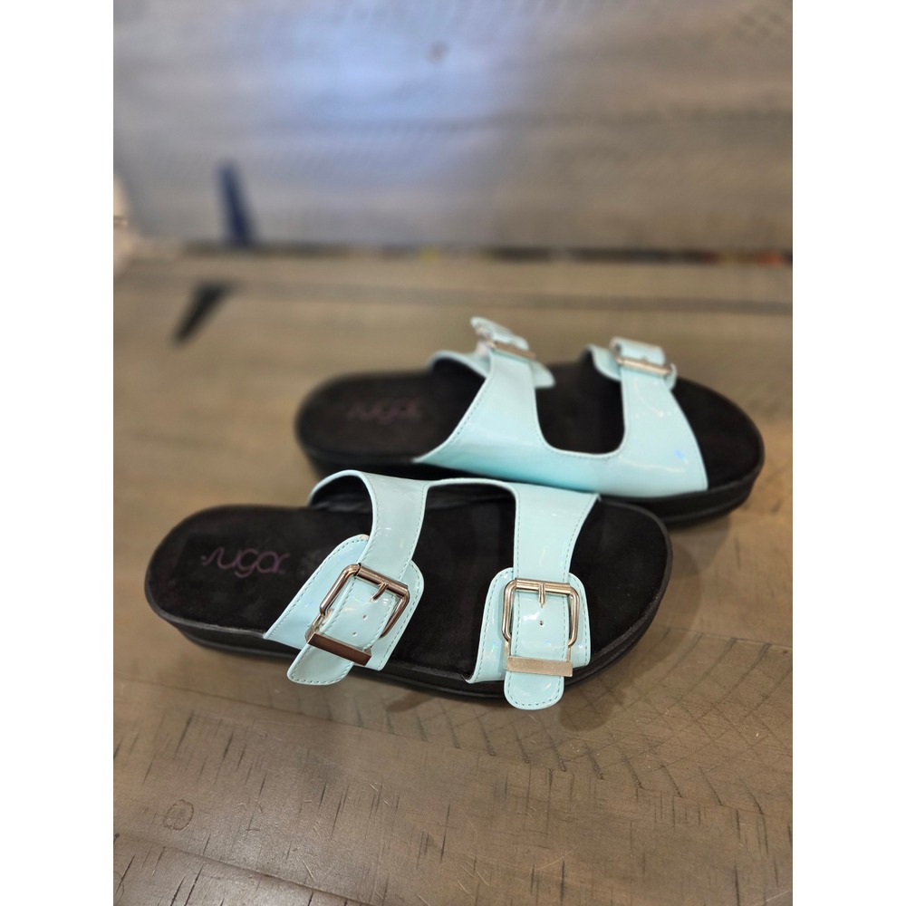 Sugar Saturn Light Blue Patent Holographic Double Buckle Platform Slide Sandals - Picture 3 of 7